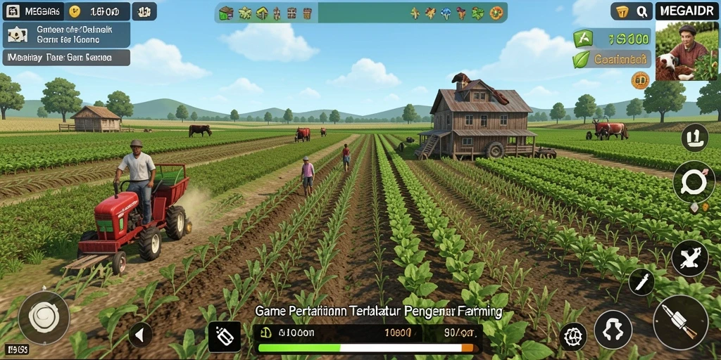 Tampilan gameplay MEGAIDR yang menampilkan kebun yang indah dan hewan ternak.