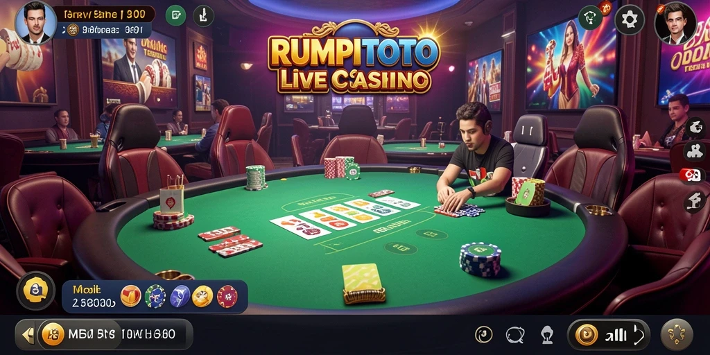 Tampilan antarmuka RUMPITOTO yang modern dengan dealer langsung di aplikasi Live Casino.