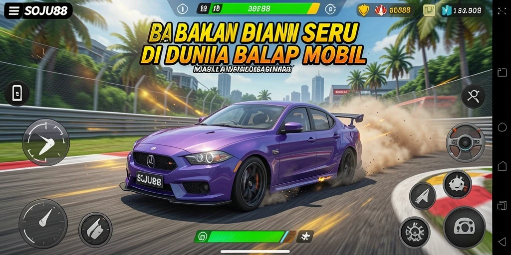 Gameplay SOJU88 yang menampilkan balapan mobil cepat dan seru.